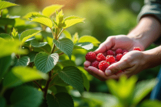 Mains de jardinier cueillant une framboise saine dans un jardin vert