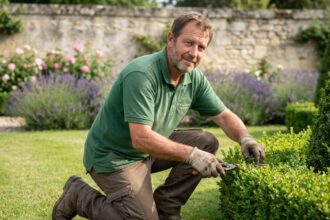 Homme jardinier taillant une haie dans un jardin bordelais