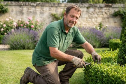 Homme jardinier taillant une haie dans un jardin bordelais