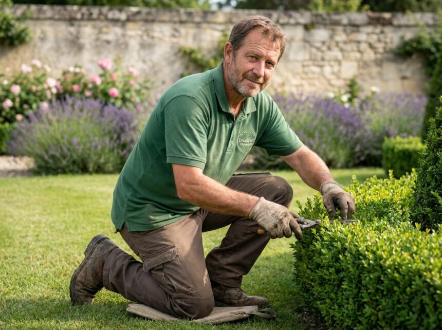 Homme jardinier taillant une haie dans un jardin bordelais