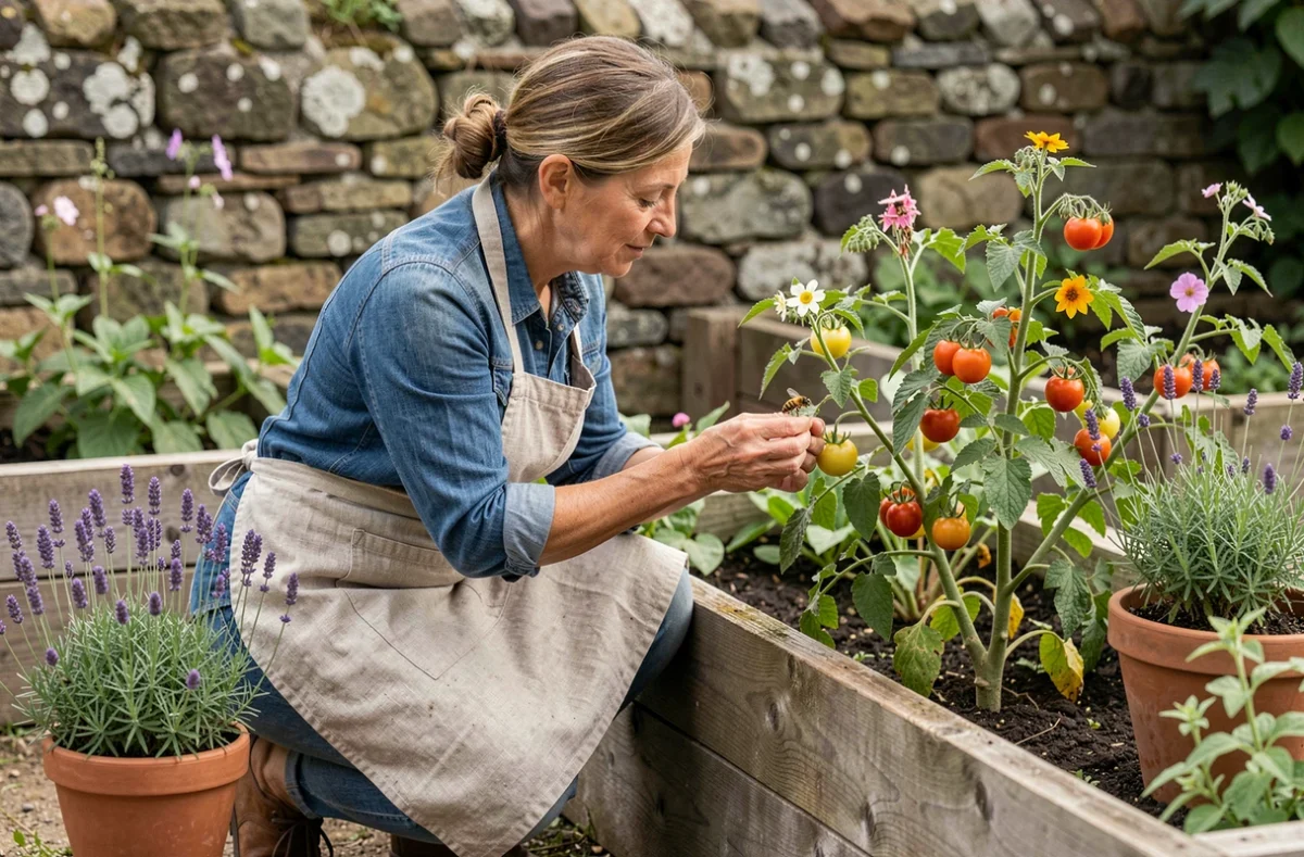 Une jardinière observant une abeille sur une fleur de tomate dans un potager avec des plantes mellifères