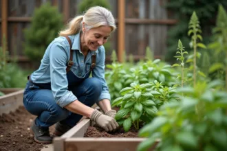 Femme jardinant avec basilic et sauge dans son jardin