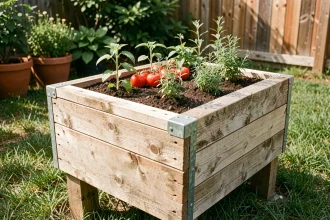 Jardinière en bois surélevée remplie de plants de tomates et d'herbes aromatiques dans un jardin ensoleillé