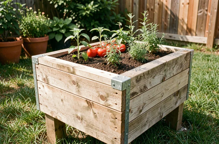 Jardinière en bois surélevée remplie de plants de tomates et d'herbes aromatiques dans un jardin ensoleillé
