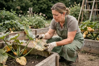 Jardinière examinant une plante de courgette atteinte d'oïdium dans un potager en été