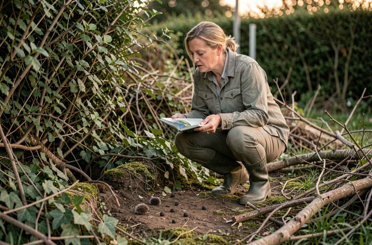 Femme jardinière accroupie près d'une haie observant des indices de présence de hérissons dans son jardin naturel