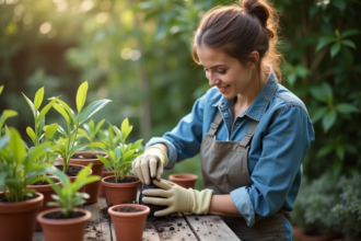 Femme en jardinage replique une plante avec soin