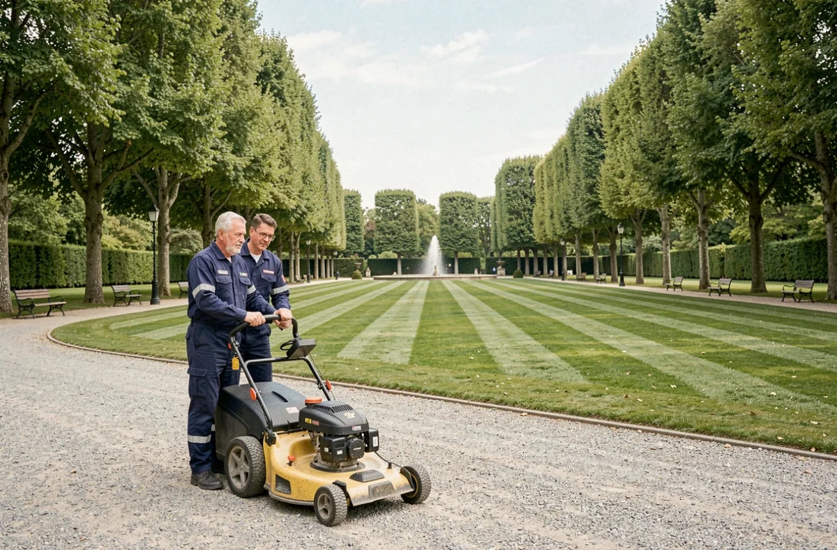 Équipe d'entretien des espaces verts tondant une pelouse dans un parc public en région parisienne
