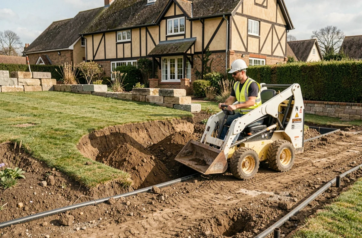 Paysagiste JBEV en action avec un engin de terrassement sur un chantier d'aménagement paysager dans le Calvados