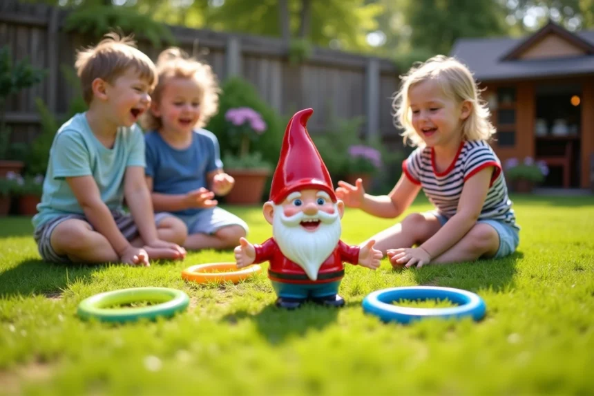 Enfants jouant au jeu du nain de jardin dans un jardin avec des anneaux colorés