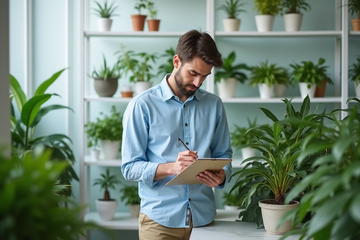 Jeune botaniste note des taches sur une plante en laboratoire