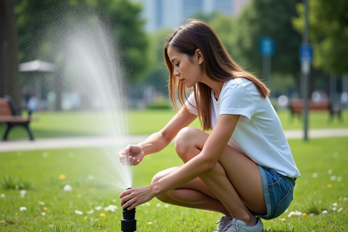 Jeune femme vérifiant le arroseur dans un parc urbain