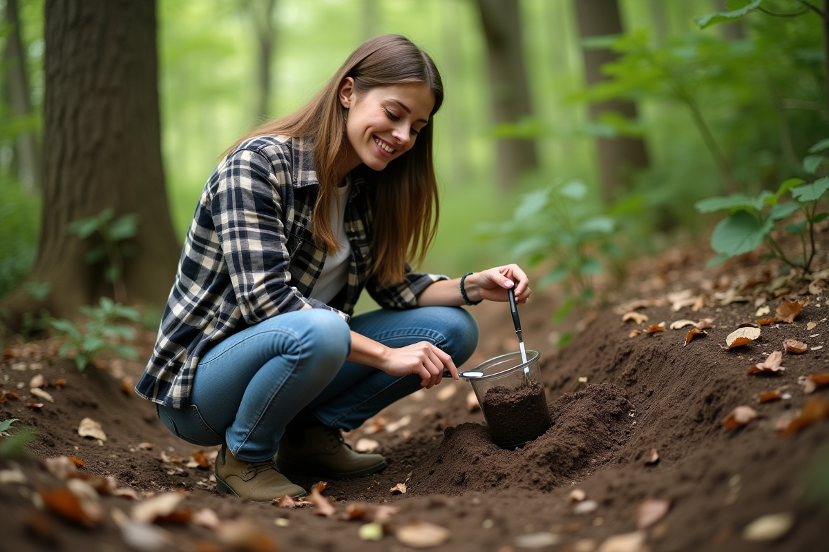 Jeune femme prélevant un échantillon de sol en forêt