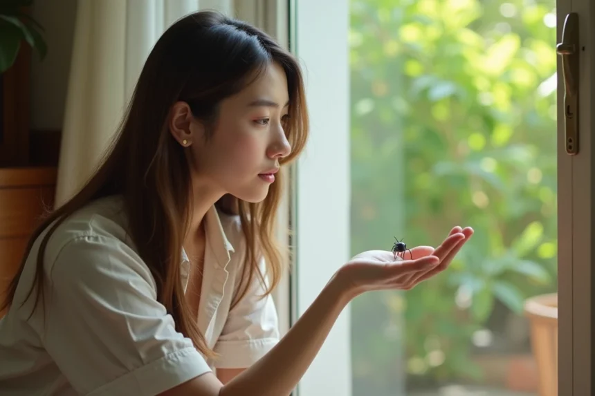 Jeune femme examine un insecte dans une maison lumineuse