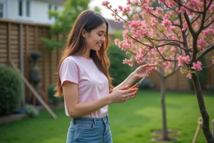 Jeune femme en jeans et T-shirt pastel prune en train de tailler un arbre dans un jardin