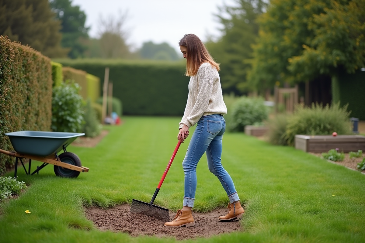 Jeune femme en jeans ratisse des granulés d