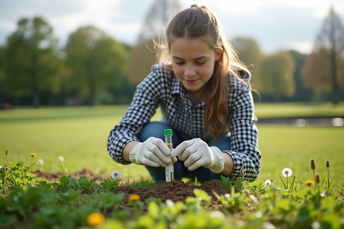 Jeune femme manipulant un échantillon de sol dans un parc