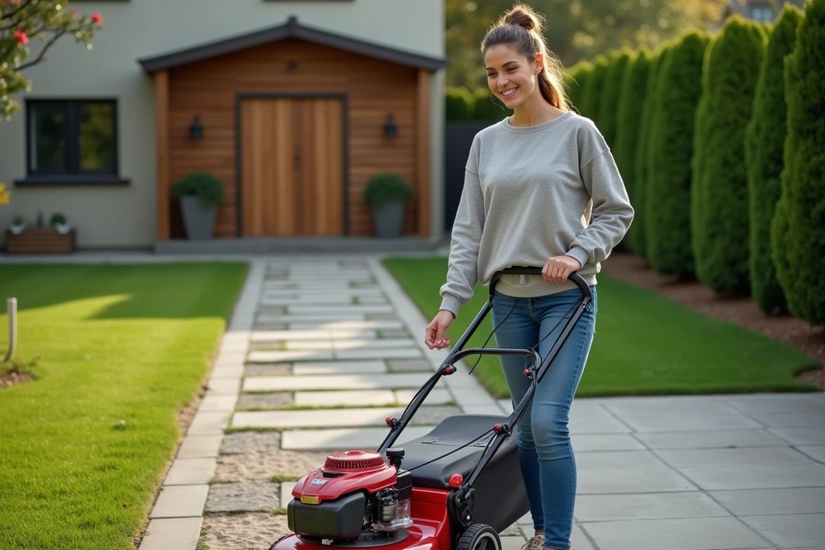 Jeune femme refilant une tondeuse moderne dans la cour