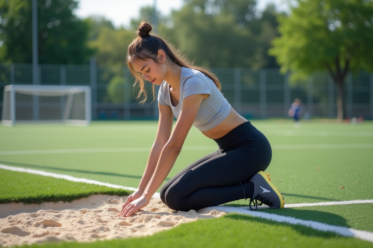 Jeune femme en leggings touche le sable du gazon artificiel
