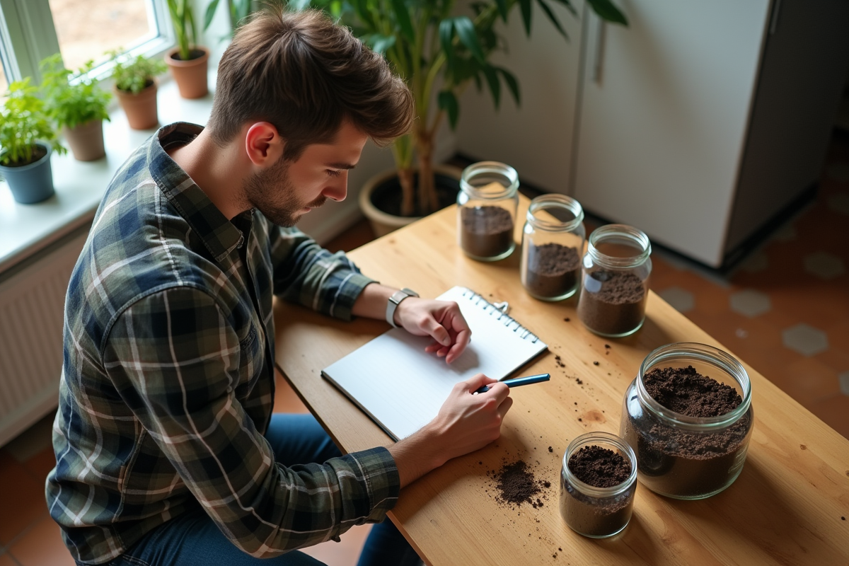 Jeune homme analyse des échantillons de sol à la maison