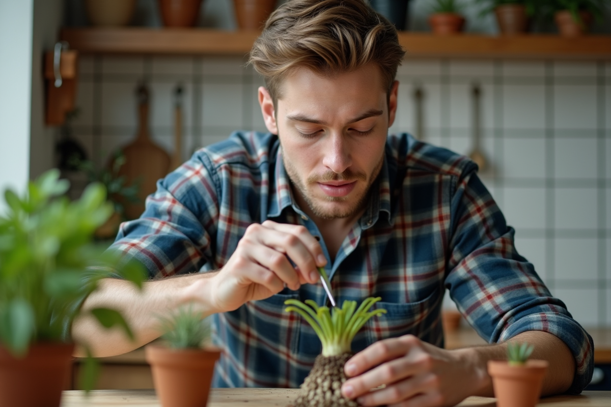 Jeune homme applique gel de racines sur une tige