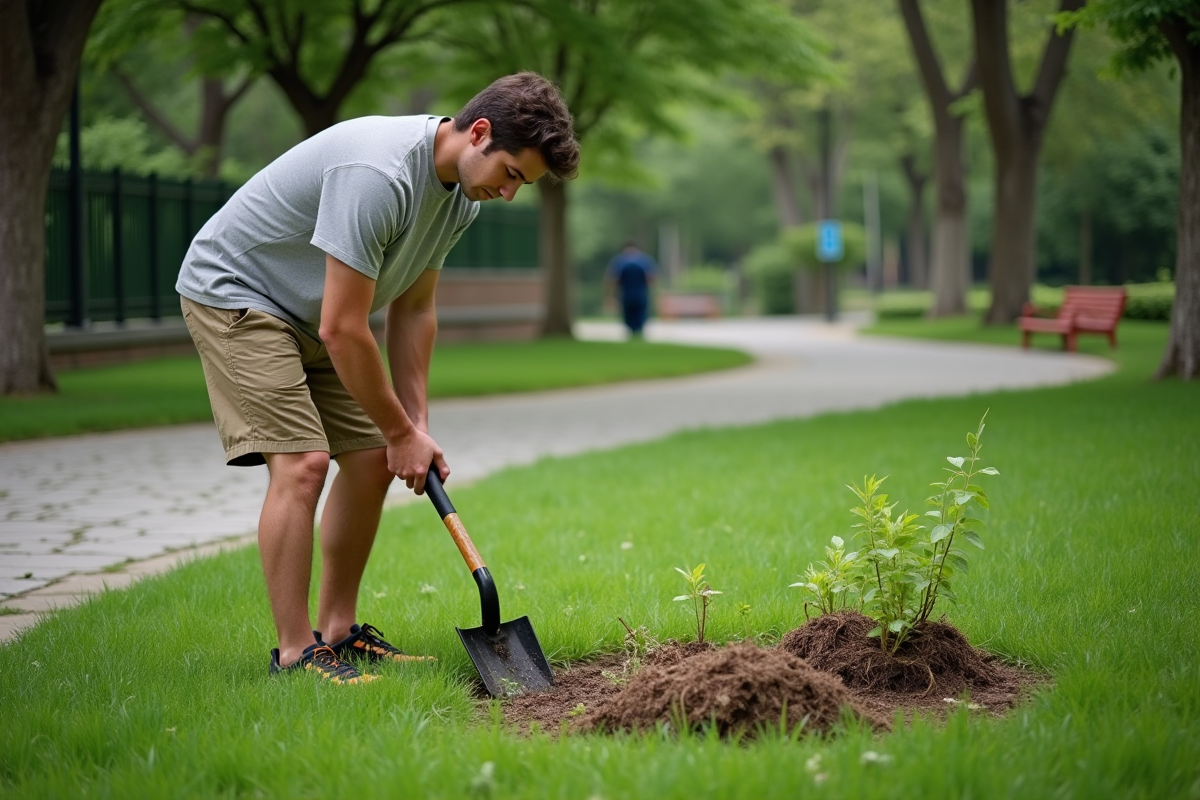 Jeune homme utilisant un outil pour désherber dans un parc