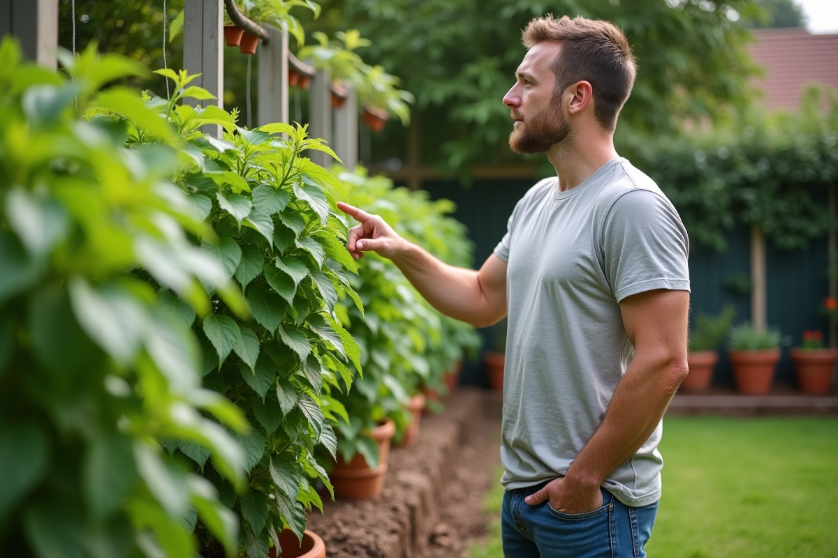Jeune homme pointant ses plants de basilic dans le jardin