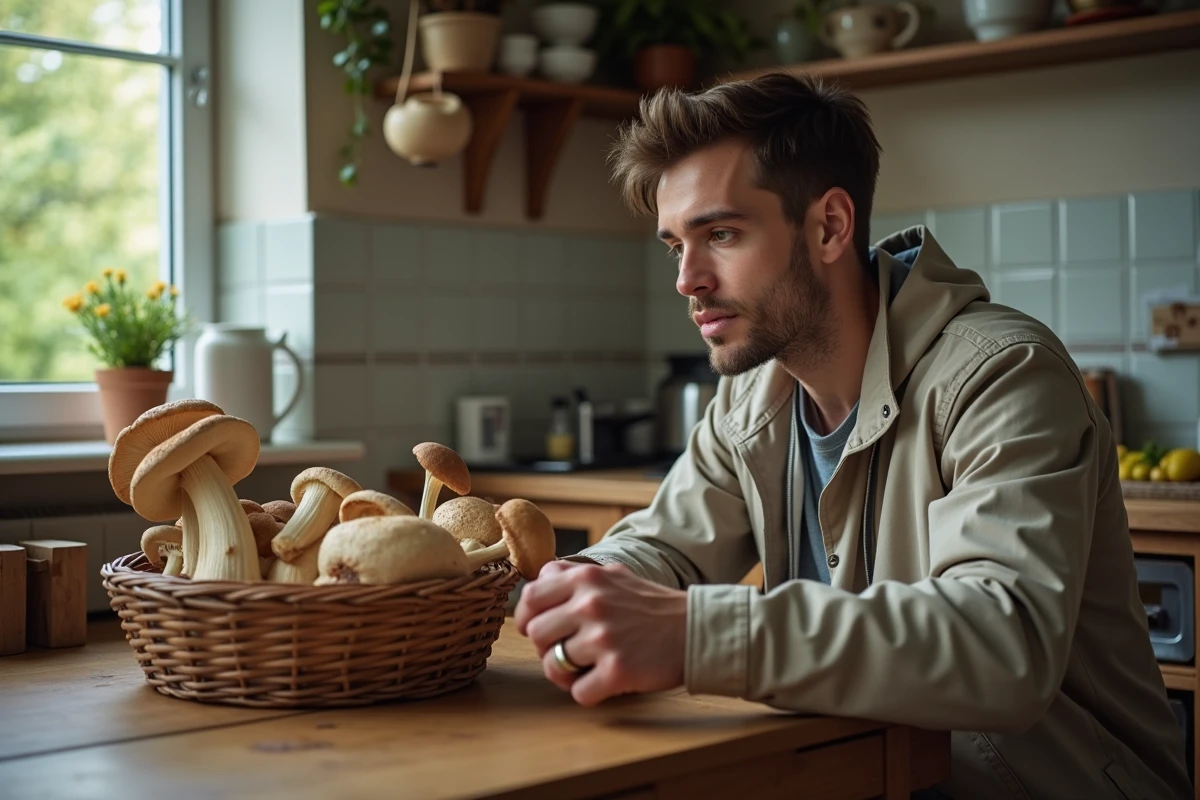 Jeune homme inspecte des morilles dans une cuisine rustique