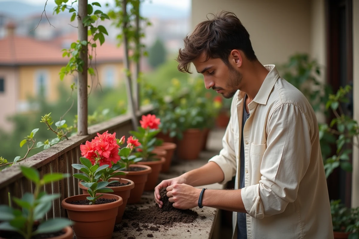 Jeune homme plantant bougainvillée sur balcon