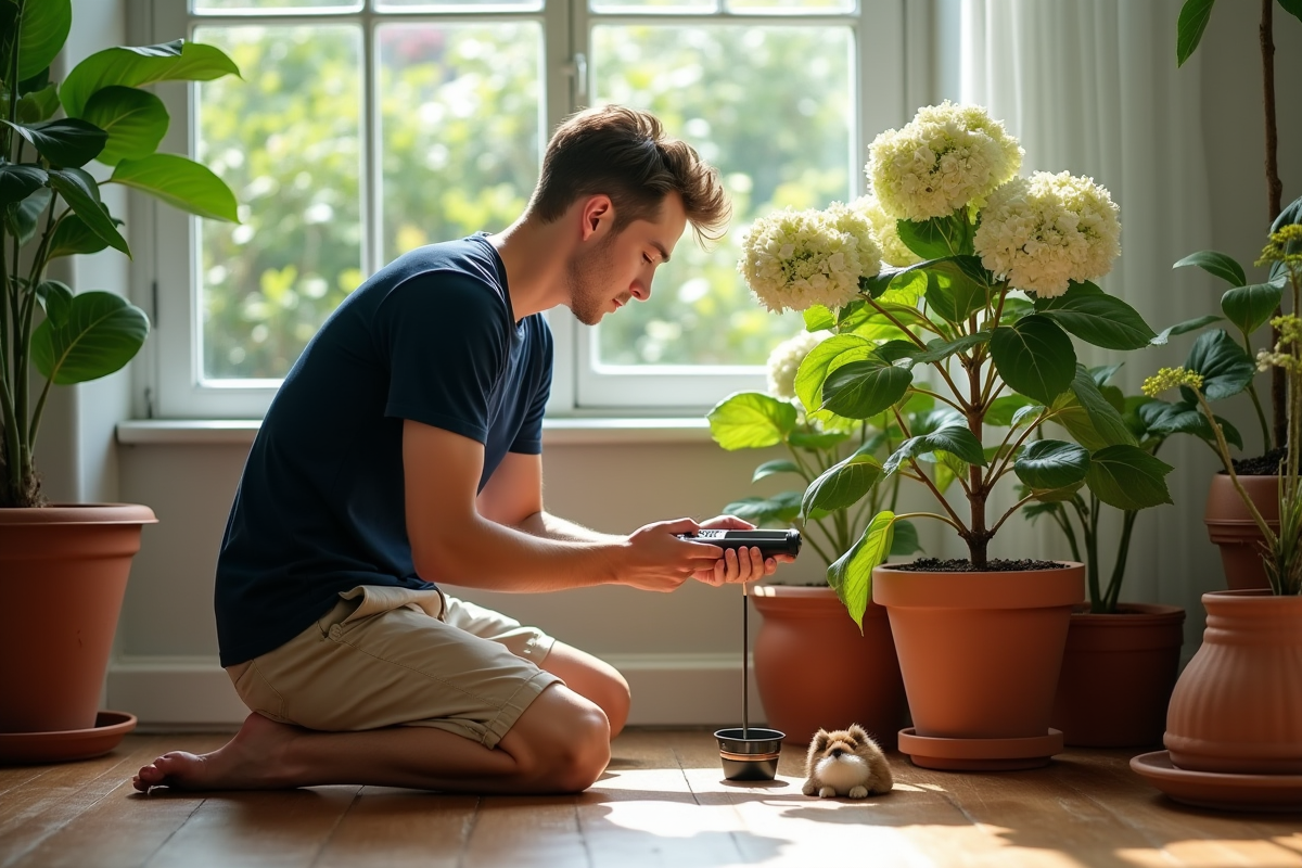 Jeune homme vérifiant la terre d