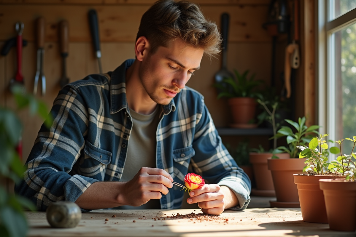 Jeune homme plantant une rose dans un atelier rustique