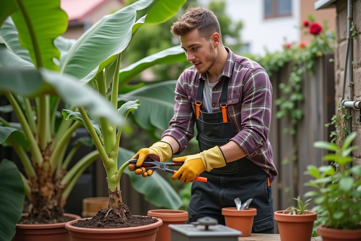 Jeune homme taille un bananier avec des ciseaux de jardin