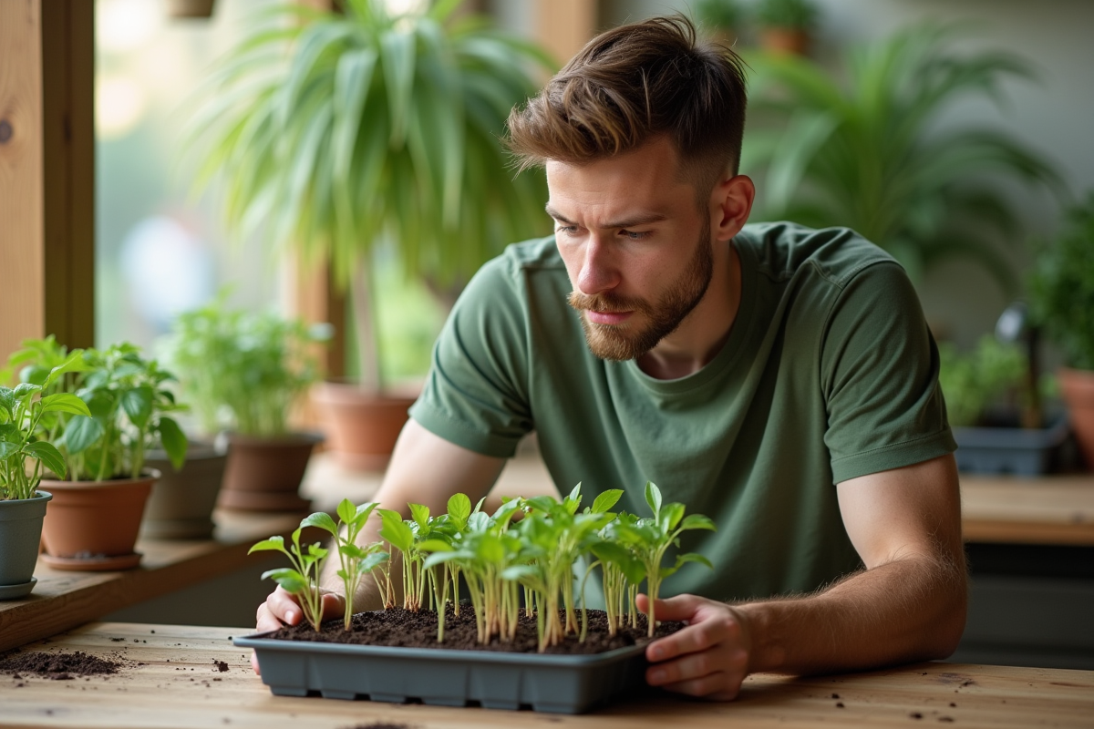 Jeune homme examinant des plantes en pot dans une véranda lumineuse