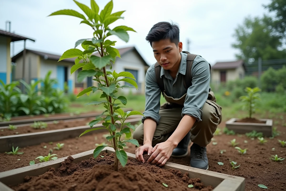 Jeune horticulteur plantant un jeune arbre de guava