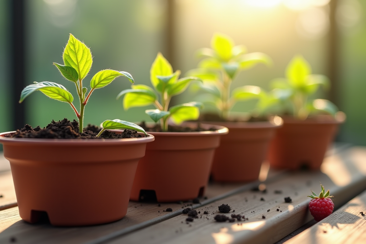 Jeunes plants de framboise en pots sur une table en bois
