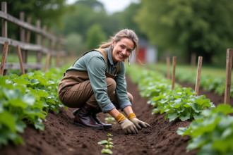 Femme jardinant dans un potager en pleine nature