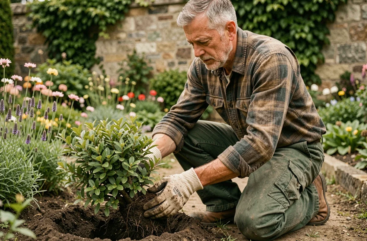 Éric Lapersonne, jardinier expérimenté, transplantant des arbustes dans un jardin normand à l'atmosphère authentique