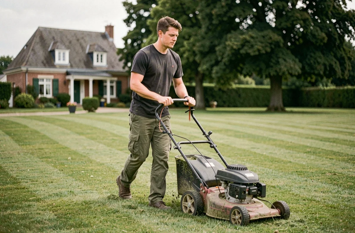 Dylan Lebugle, jardinier multi-service à Évreux, tondant une pelouse résidentielle en Normandie