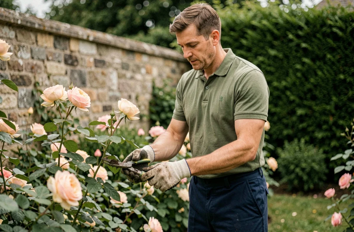Antoine Lemaitre, jardinier à domicile à Saint-Denis-de-Méré, taillant des rosiers dans un jardin normand