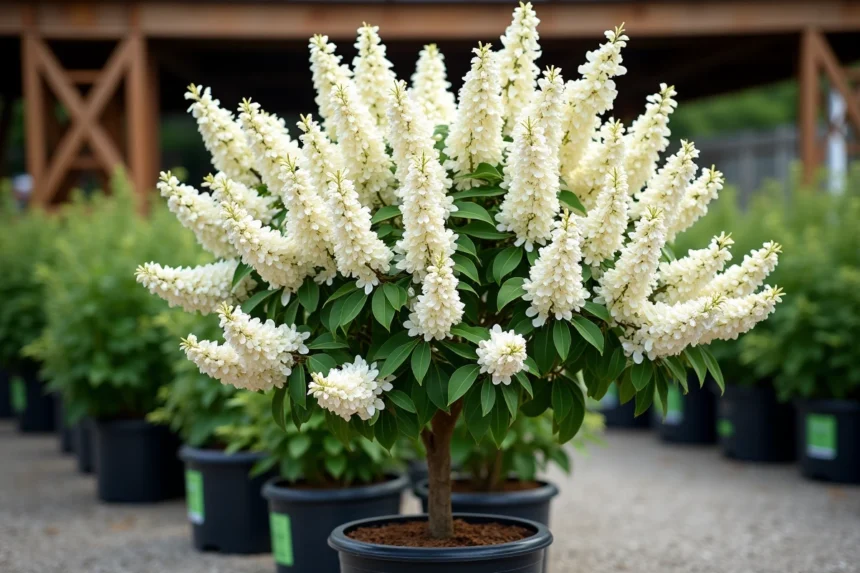 Lilas du Japon en fleurs dans un pot de pépinière avec étiquette de prix, idéal pour guide d'achat 2026