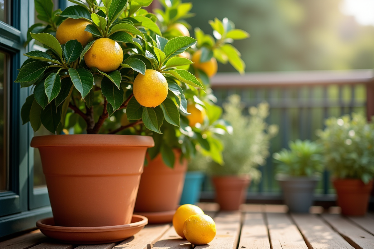 Limonier mature dans un pot en terre cuite sur balcon ensoleille