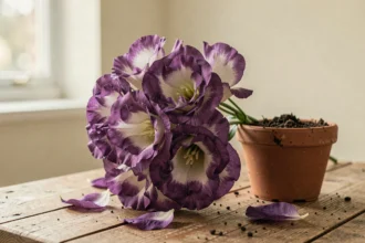 Lisianthus en fleur dans un pot en terre cuite sur une table en bois rustique à la maison
