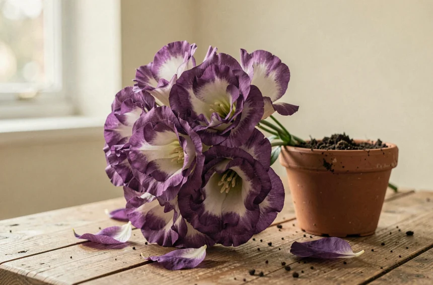 Lisianthus en fleur dans un pot en terre cuite sur une table en bois rustique à la maison