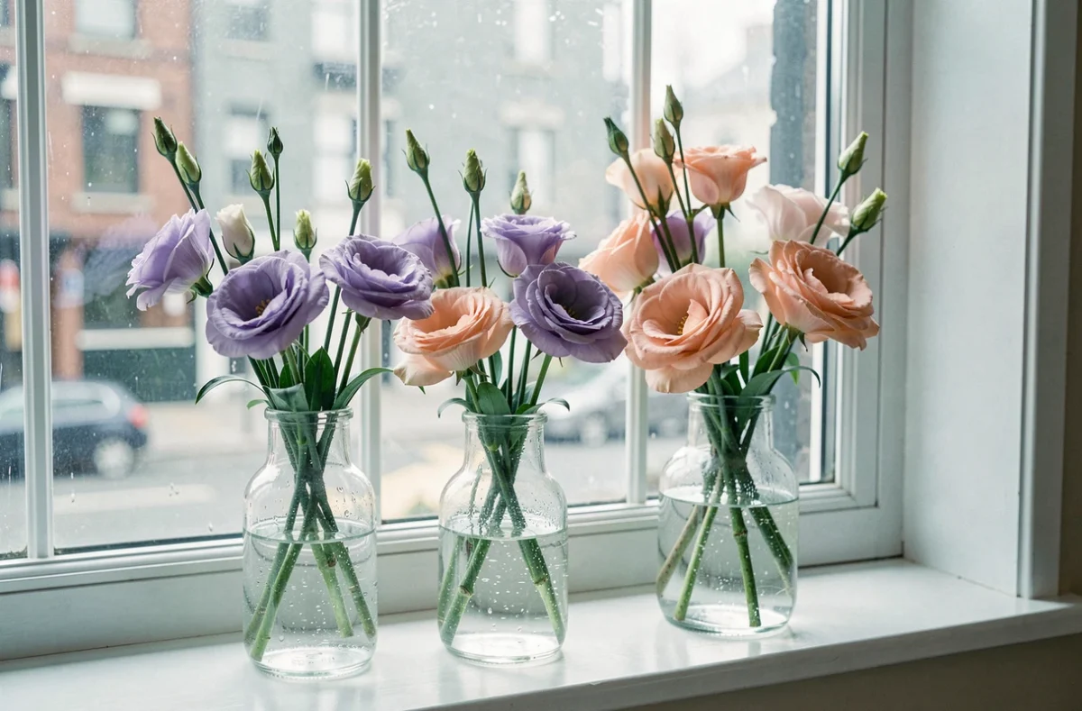 Arrangement de lisianthus en différents stades de floraison dans des vases en verre sur un rebord de fenêtre