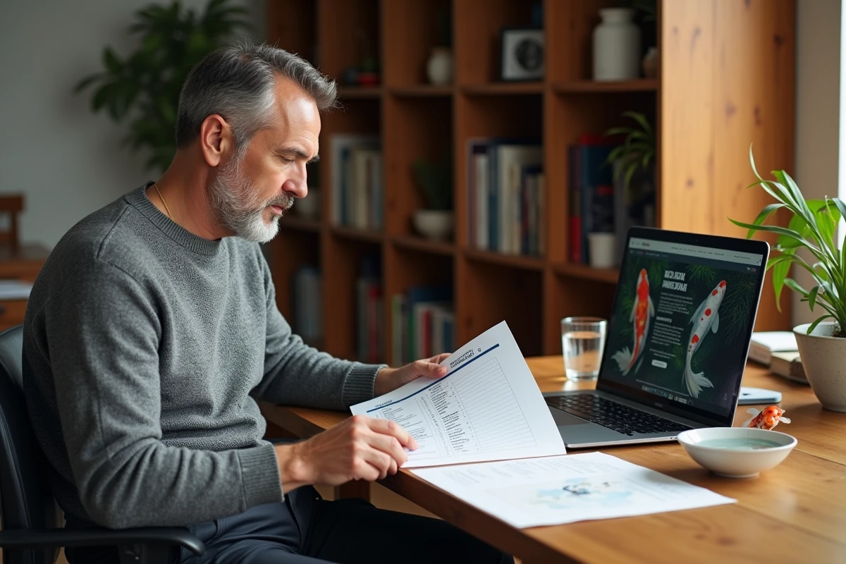 Homme consultant une liste de prix de carpes koï sur papier et ordinateur portable à son bureau
