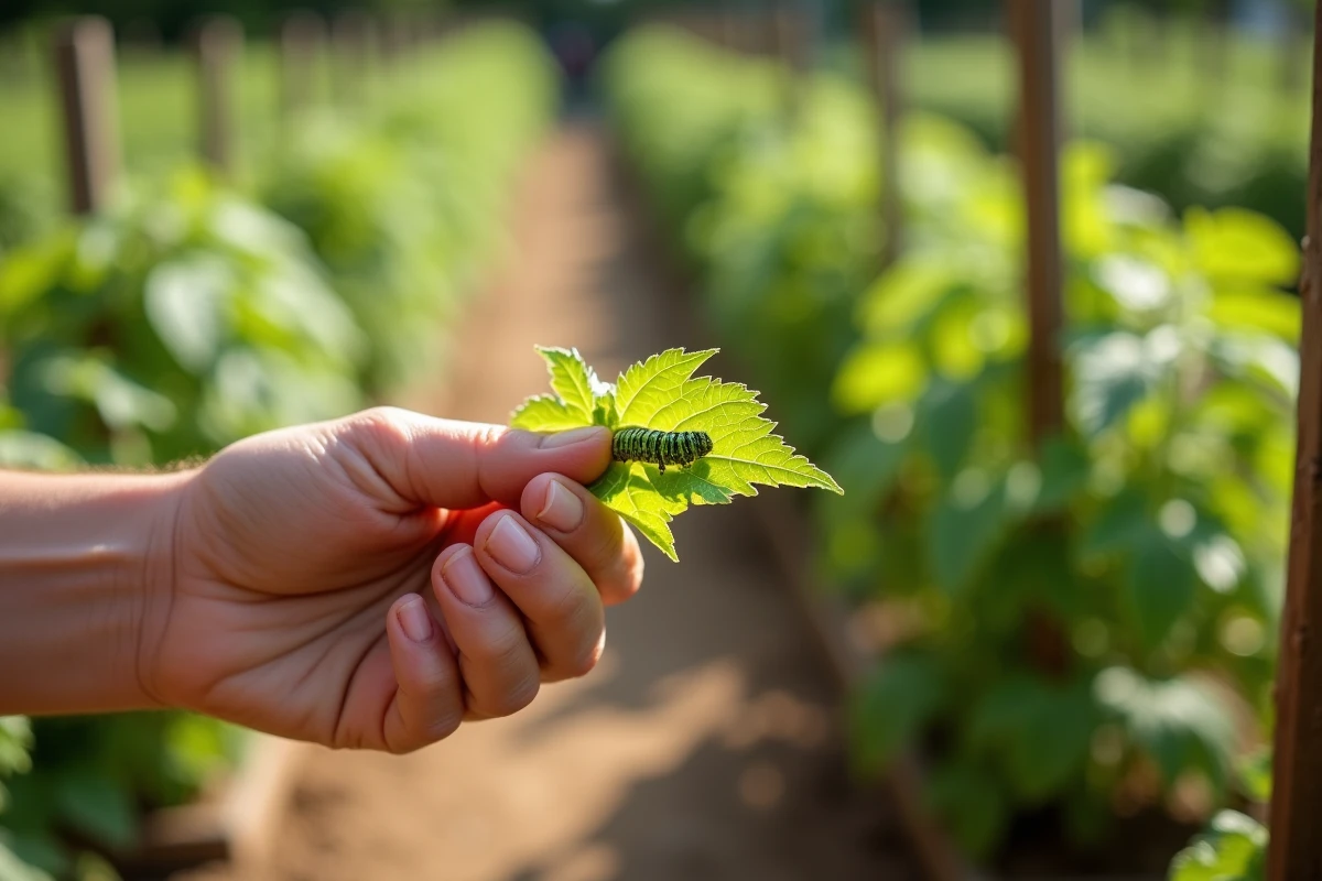 Main de jardinière tenant une feuille de tomate endommagée avec une petite chenille verte en gros plan