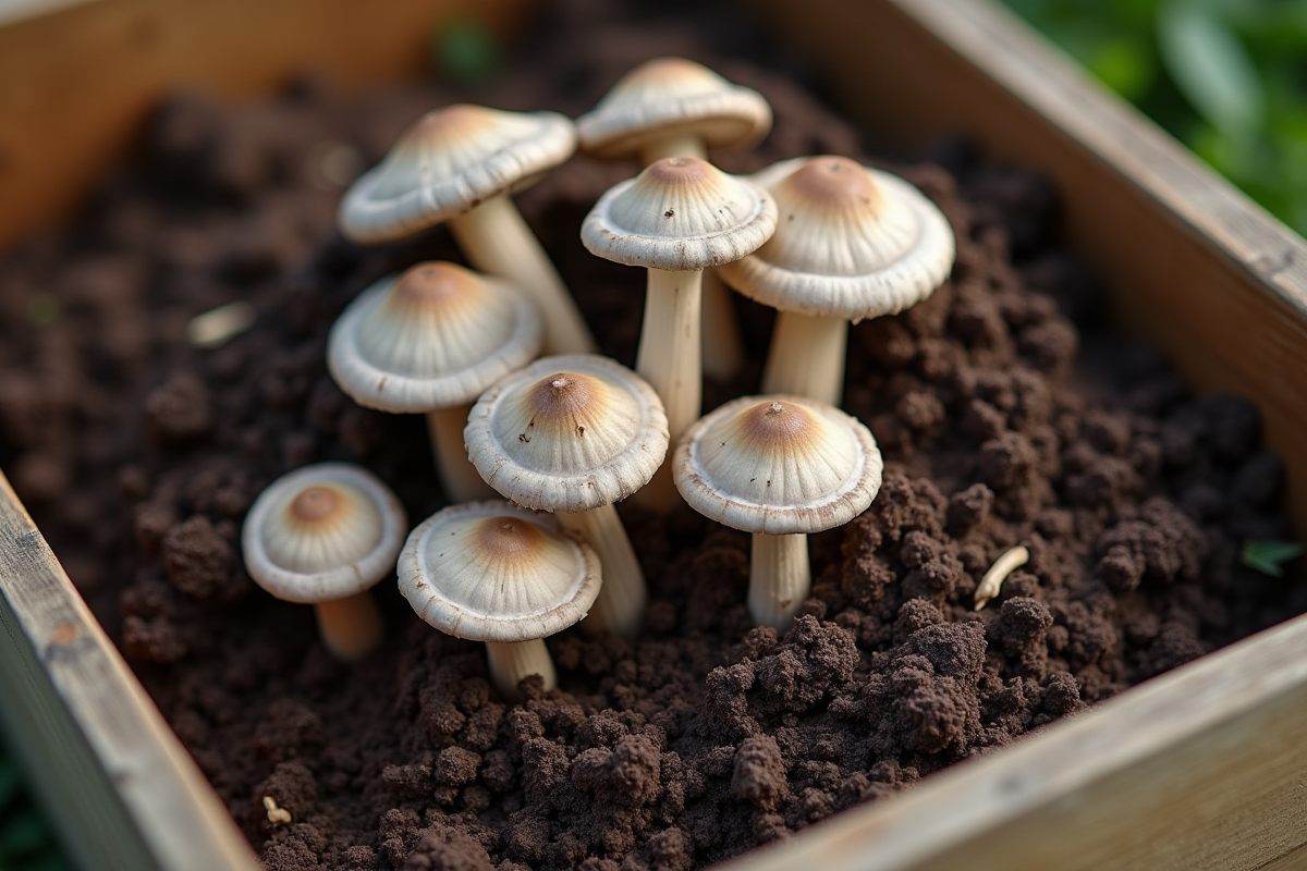 Mains tenant des champignons chanterelles sur compost