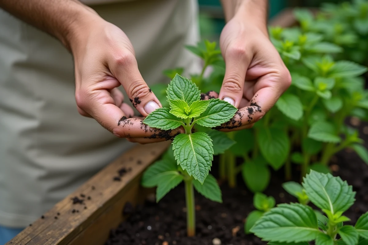 Jardinière inspectant des feuilles de menthe noircies dans un potager surélevé en bois