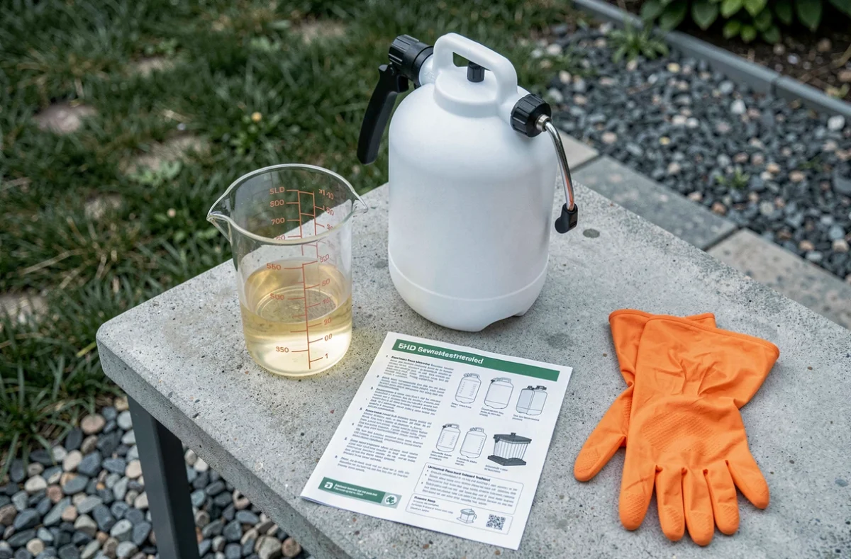 Matériel de dosage glyphosate posé sur un établi extérieur avec notice, gants et pulvérisateur 5 litres