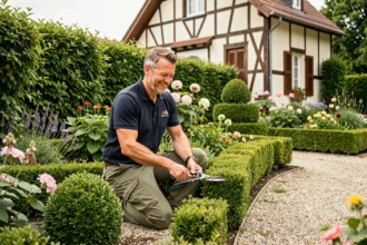 Jardinier professionnel entretenant un jardin résidentiel devant une maison alsacienne typique du Grand Est